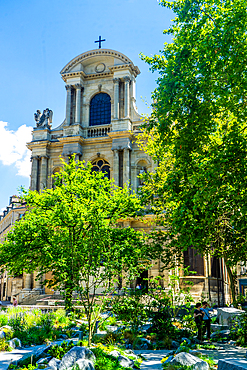 Garden to commemorate terrorist actions on 13 November in front of church Saint-Gervais-Saint-Protais in day in summer