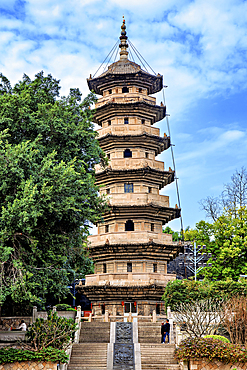'Wu' (dark) pagoda, Fuzhou, Fujian Province, China. First built 799 AD (rebuilt 941 AD). Note that the pagoda is tilted.