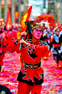 Yingge Dance performers at a parade in Puning City, Guangdong Province, China. A native dance to the Chaozhou and Shantou area dating back to the Yuan dynasty. Incorporates martial arts and drama. Current characters from the Chinese classic, Water Margin.