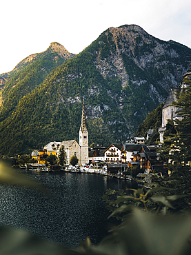 Scenic picture-postcard view of famous Hallstatt mountain village in the Austrian Alps at beautiful light in summer, Salzkammergut region, Hallstatt, Austria