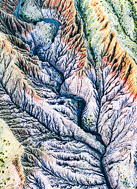 Panoramic aerial view of the idyllic colorful mountains of Cerro de los Siete Colores, Purmamarca, Argentina