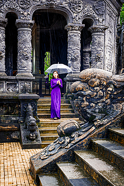 Elegant lady with ao dai at Khai Dinh Mausoleum, Hue, Central Vietnam. (MR)