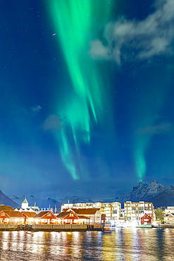 Svolvaer under the Northern Lights at night, Vagan, Nordland, Lofoten Islands, Norway
