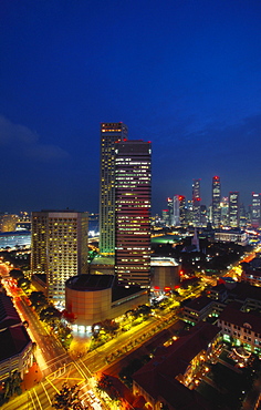 Raffles Hotel at Night and Skyline, Singapore, Asia