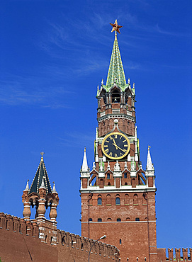 The Spasky Tower and clock in Red Square, Moscow, Russia, Europe