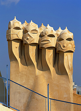 Chimneys on the Casa Mila, a Gaudi house, in Barcelona, Cataluna, Spain, Europe