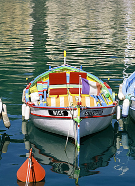 Wooden rowing boat in harbour, Nice, Provence, France, Europe