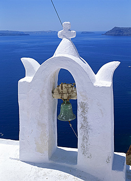 Church bell tower, in the village of Oia, Santorini (Thira), Cyclades, Greek Islands, Greece, Europe