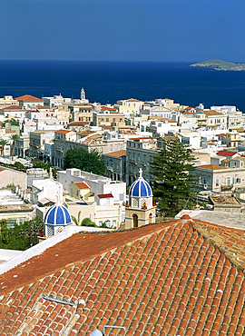 Aerial view over the town and harbour of Ermoupoli, Syros (Siros), Cyclades, Greek Islands, Greece, Eurpoe