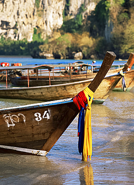 Long tail boats, Railay Beach, Krabi, Thailand, Southeast Asia, Asia