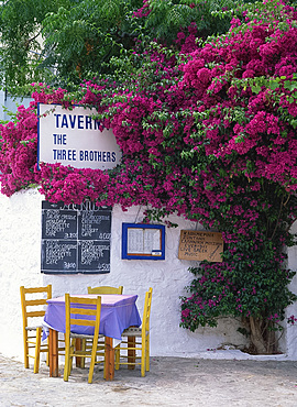 The Three Brothers Taverna, with menu, tables and chairs under bougainvillea, on Hydra, Argo Saronic Islands, Greek Islands, Greece, Europe