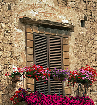 Flower covered balcony, Colle di Val d'Elsa, Tuscany, Italy, Europe