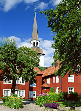 Traditional houses and church, Mariefred, Lake Malaren, Sweden, Scandinavia, Europe