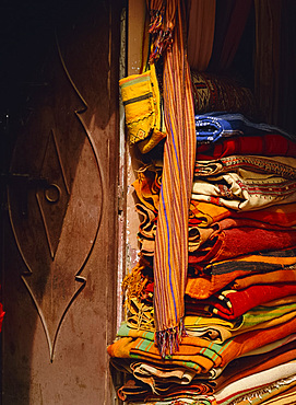 Pile of carpets in the souk, Marrakech (Marrakesh), Morocco, North Africa, Africa