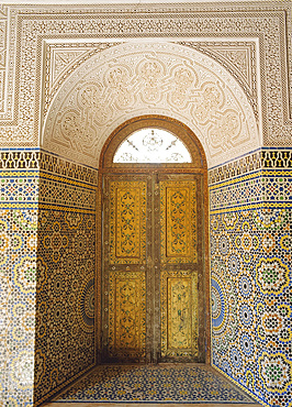 Painted window and tiles, the Glaoui Kasbah, Telouet, High Atlas, Morocco