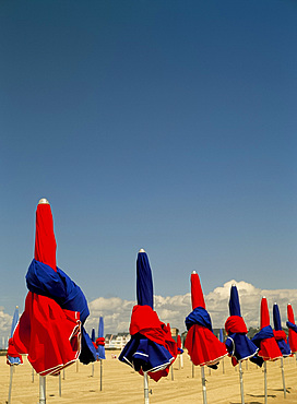 Colourful umbrellas on the beach, Deauville, Normandy, France, Europe