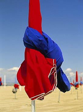 Colourful umbrellas on the beach, Deauville, Normandy, France, Europe