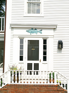 House front with fish decoration, Edgartown, Martha's Vineyard, Massachusetts, New England, United States of America, North America