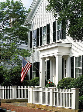 Traditional white clapboard houses, Edgartown, Martha's Vineyard, Massachusetts, New England, United States of America, North America