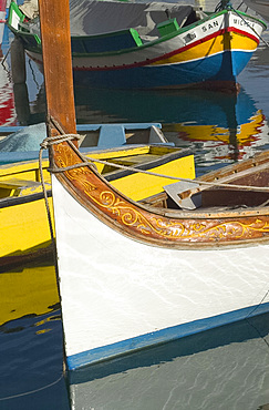 Wooden boat with decorative carving on the bow, Malta, Mediterranean, Europe