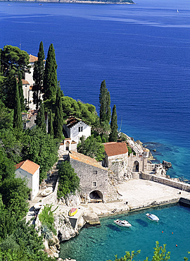 View of the coast and harbour from Trsteno, Dalmatia, Dalmatian Coast, Croatia, Europe