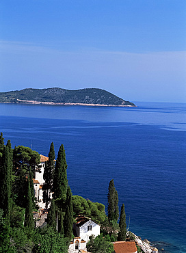 View of harbour and coast from Trsteno, Dalmatia, Croatia, Europe