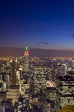 Looking south towards the Empire State Building, over the Manhattan skyline from Top of the Rock, on top of the GE building in Rockefeller Center, New York City, New York State, United States of America, North America