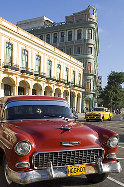 A vintage 1950's American Chevrolet in the Paseo di Marti, Central Havana, Cuba, West Indies, Central America