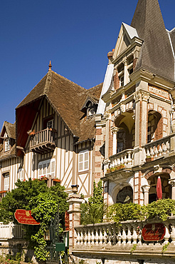 A small hotel with traditional seaside architecture in Cabourg, Normandy, France, Europe