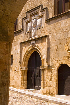 An old doorway on the Street of Knights, Rhodes Town, Rhodes, Dodecanese Islands, Greek Islands, Greece, Europe