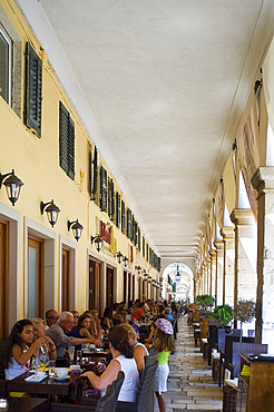 A cafe in the Liston, an arcaded street in Corfu Old Town, Corfu, Ionian Islands, Greek Islands, Greece, Europe