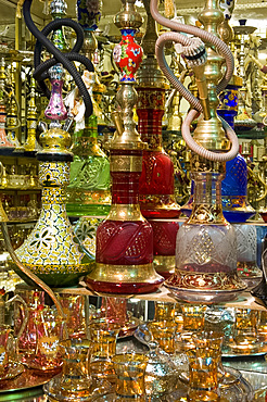 Colourful glass, ceramic and brass water pipes for sale in the Grand Bazaar, Istanbul, Turkey, Europe, Eurasia