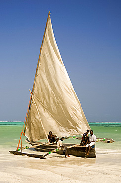 A traditional wooden sailing dhow on Kiwendwa Beach, Zanzibar, Tanzania, East Africa, Africa