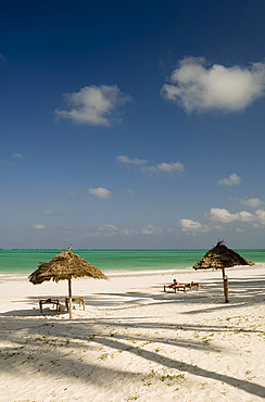 Thatched beach umbrellas and palm tree shadows on the beach at Paje, Zanzibar, Tanzania, East Africa, Africa