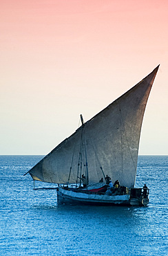 A traditional wooden dhow sailing near Stone Town at sunset, Zanzibar, Tanzania, East Africa, Africa