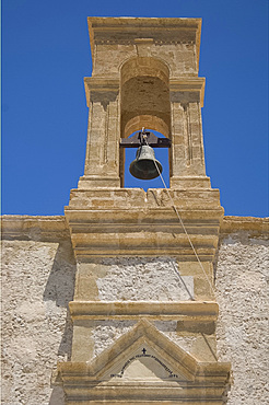 The belltower of the monastery of the Virgin of the Golden Step at Hrissoskalitissa on the coast of western Crete, Greek Islands, Greece, Europe