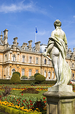 Marble statue of a woman in the garden in front of Waddesdon Manor in spring, Aylesbury, Buckinghamshire, England, United Kingdom, Europe