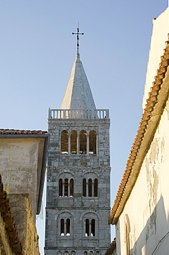 A view of the Romanesque style St. Mary's bell tower, Rab Town, island of Rab, Kvarner region, Croatia, Europe