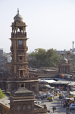 The clock tower in the centre of the Sardar Market in the old section of Jodhpur, Rajasthan, India, Asia