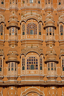 The ornate pink facade of the Hawa Mahal (Palace of the Winds), Jaipur, Rajasthan, India, Asia