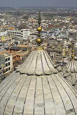 An aerial view of the dome of the Jami Masjid, the mosque in Old Delhi, India, Asia