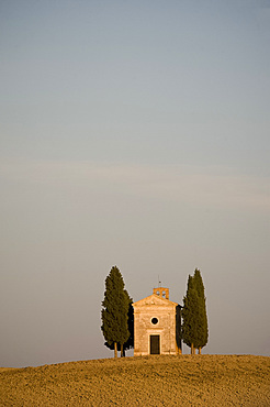 The Chapel Vitaleta and cypress trees in Val d'Orcia, UNESCO World Heritage Site, Tuscany, Italy, Europe