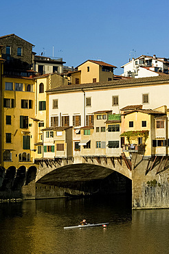 A rower headed under the Ponte Vecchio, Florence, UNESCO World Heritage Site, Tuscany, Italy, Europe