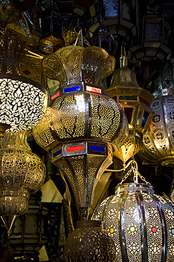 Brass lanterns for sale in the souk in Marrakech, Morocco, North Africa, Africa