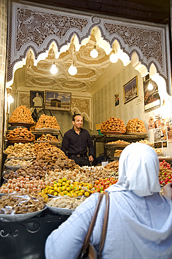 Nuts and dried fruit for sale at a stall in the souk in Marrakech, Morocco, North Africa, Africa