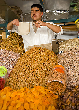 Nuts and dried fruit for sale at a stall in the souk in Marrakech, Morocco, North Africa, Africa