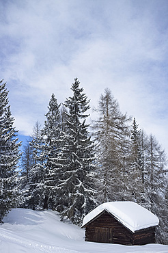 An old wooden barn covered with snow at the Alta Badia ski resort near Corvara in the Dolomites, South Tyrol, Italy, Europe