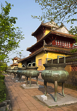 Bronze dynastic funerary urns in front of the Hien Lam Pavilion in the Imperial City, The Citadel, UNESCO World Heritage Site, Hue, Vietnam, Indochina, Southeast Asia, Asia