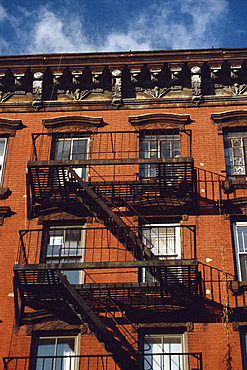 Detail of building with fire escape, Manhattan, New York City, United States of America, North America