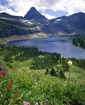 Aerial view over the Hidden Lake, with Mount Reynolds behind, near Logan Pass, Glacier National Park, High Rocky Mountains, Montana, United States of America, North America